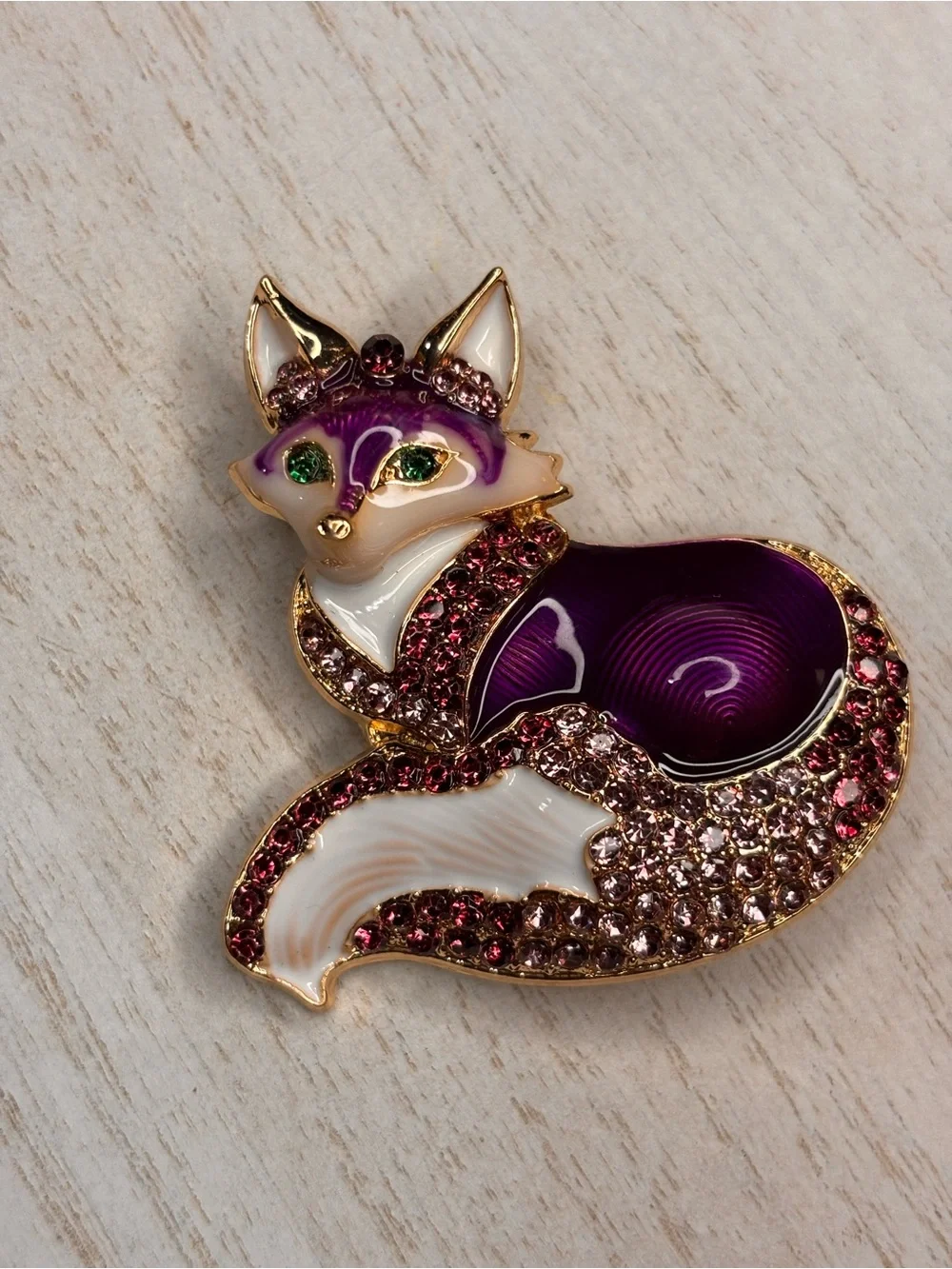 Purple Fox Rhinestone Brooch Pin – Gold Tone Enamel Woodland Animal Jewelry